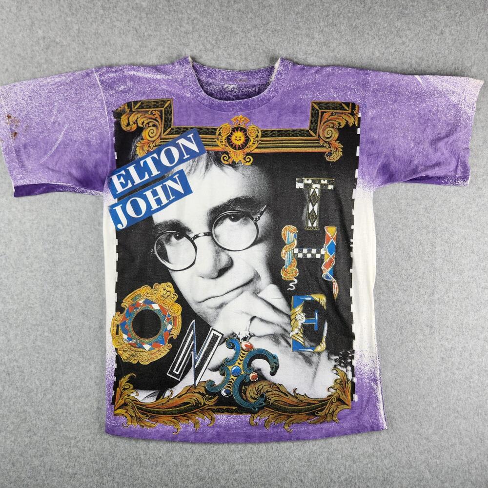 Vintage Elton John Shirt Mens Medium Purple The One Tour AOP Parking Lot Boot